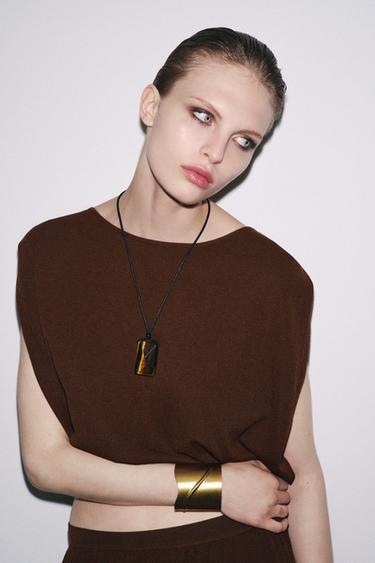 Zara LEATHER CORD STONE NECKLACE - Brown - Image 0