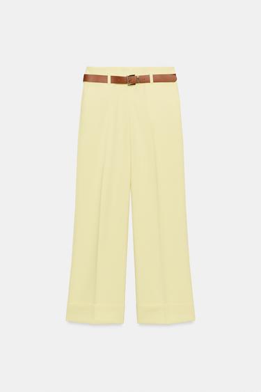 Zara BELTED CUFFED HEM PANTS - Light yellow