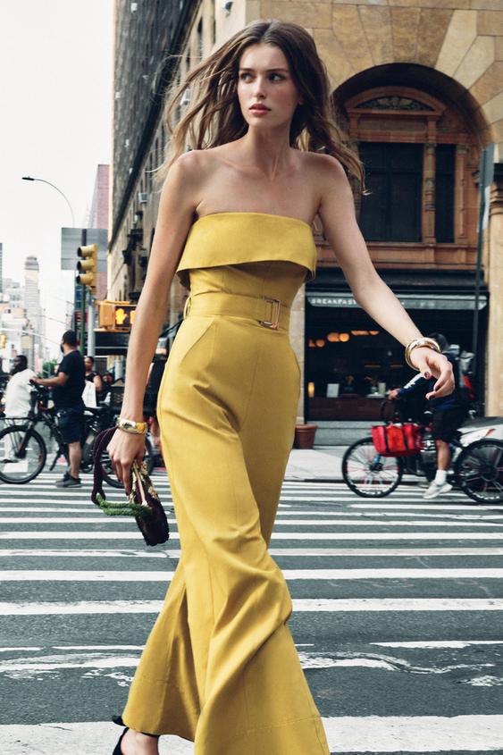 STRAPLESS JUMPSUIT Mustard ZARA United Kingdom