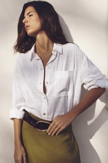 CAMISA OVERSIZE CON LINO - Blanco de Zara