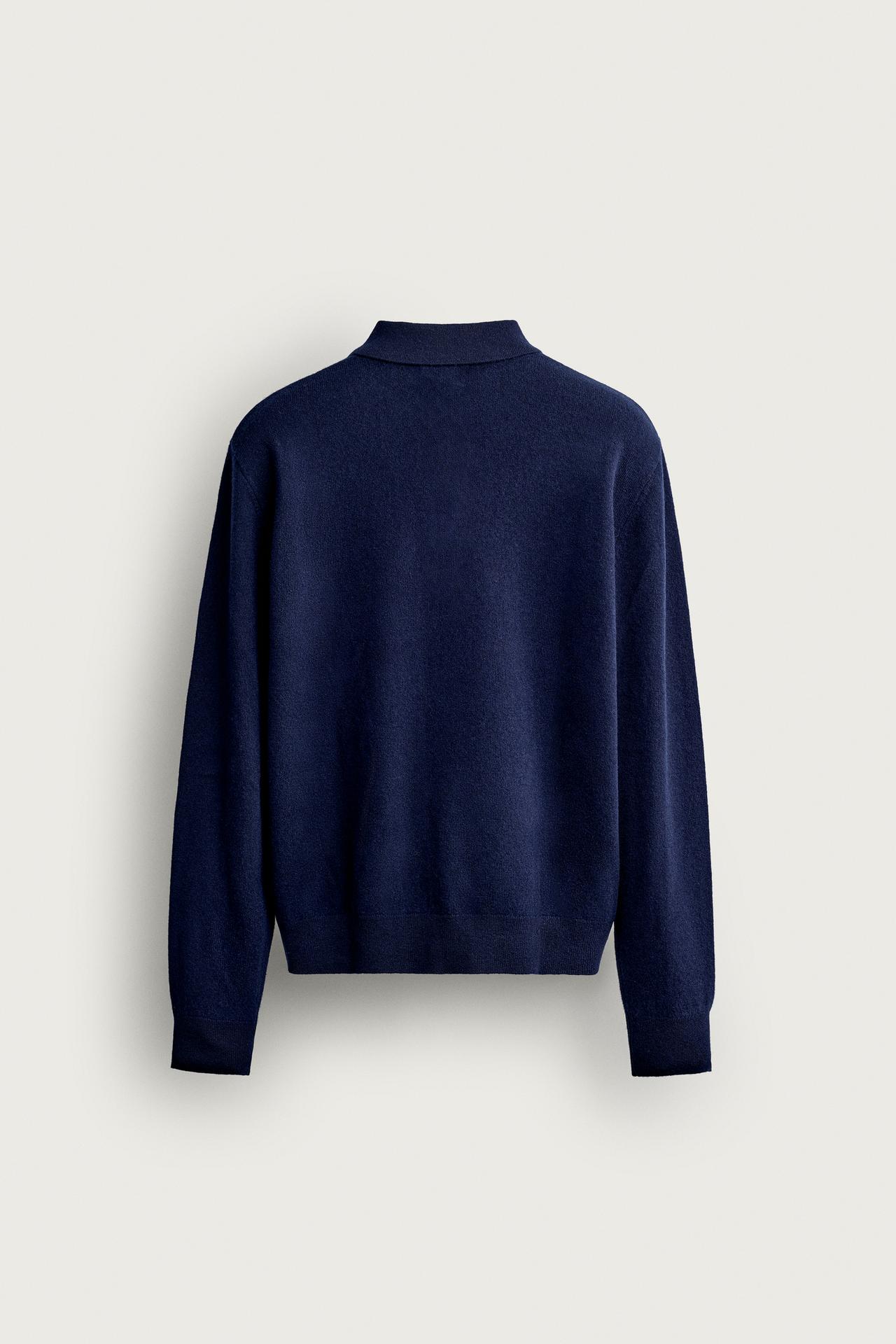 100% WOOL CONTRAST KNIT POLO — Navy blue