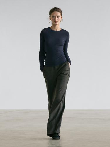 Zara Long-sleeve cotton blend T-shirt - Navy blue - Image 0