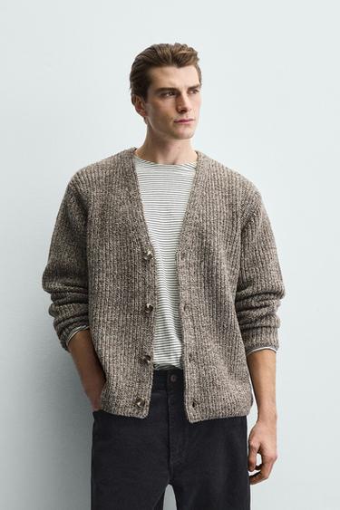 Zara RIBBED TEXTURED CARDIGAN - Tan marl