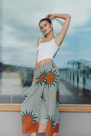 FALDA PAREO MIDI ESTAMPADA - Crudo / Verde de Zara