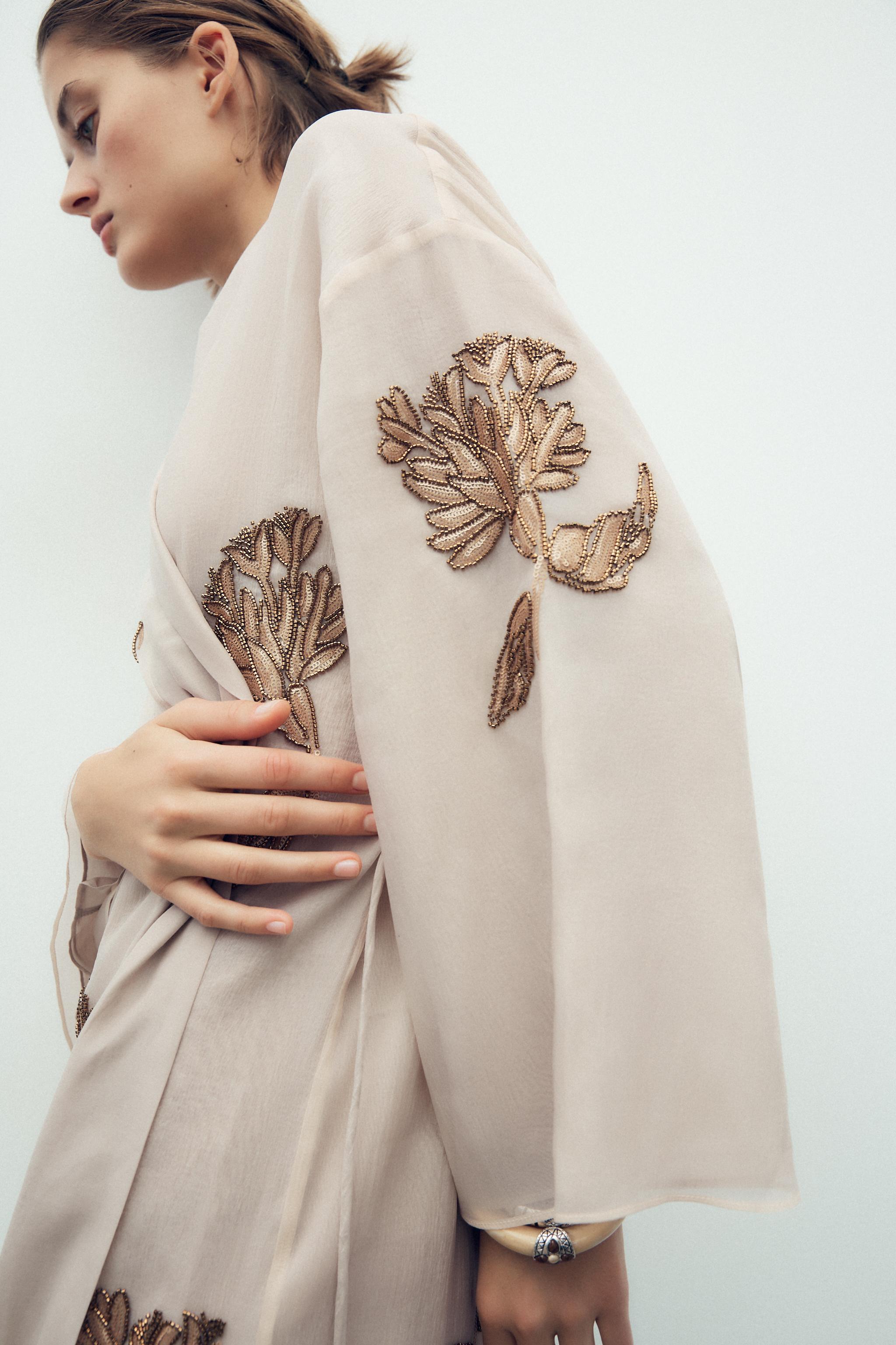 シルク 刺繍 ビーズ付きキモノ - サンド | ZARA Japan / 日本