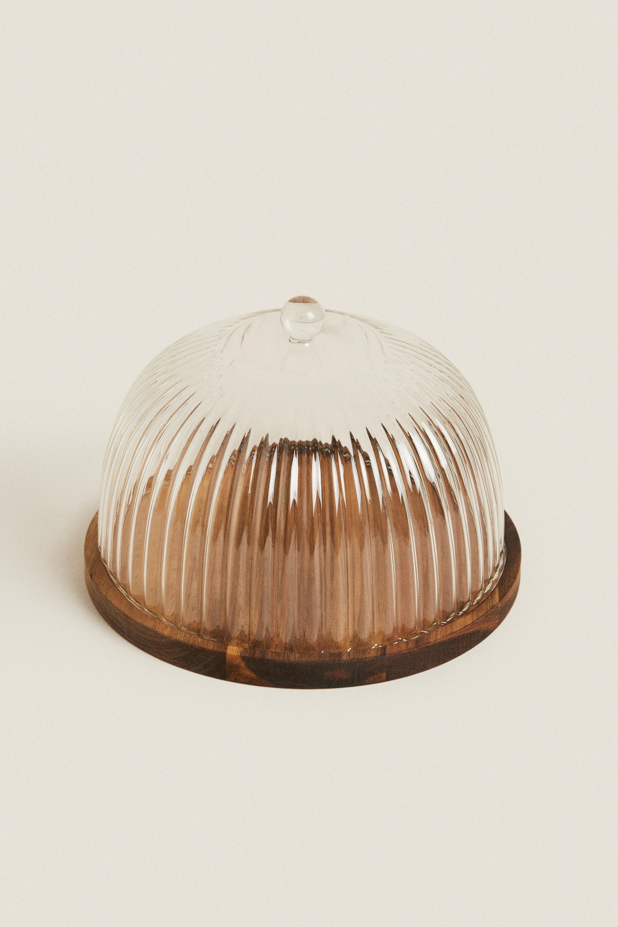 ACACIA WOOD AND BOROSILICATE GLASS CAKE STAND — Transparent
