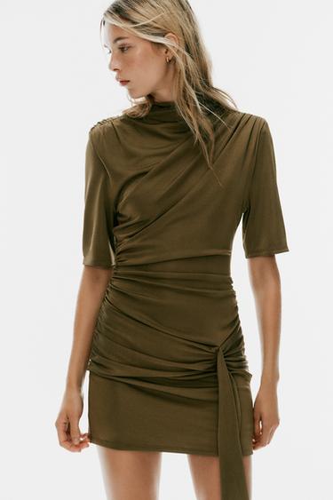 GATHERED SASH MINI DRESS - Khaki by Zara