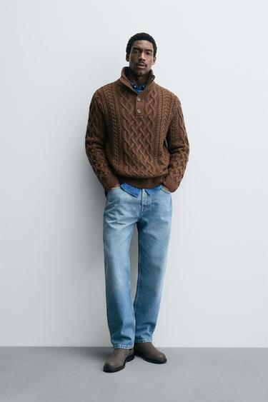 Zara CABLE KNIT HENLEY JUMPER - Chocolate