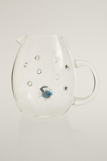 BOROSILICATE JUG WITH BUBBLES AND FISH - Blue by Zara - Image 0