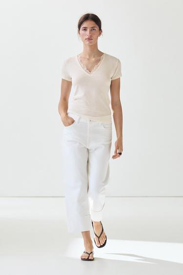 Zara Lace-detail V-neck T-shirt - Ecru - Image 0