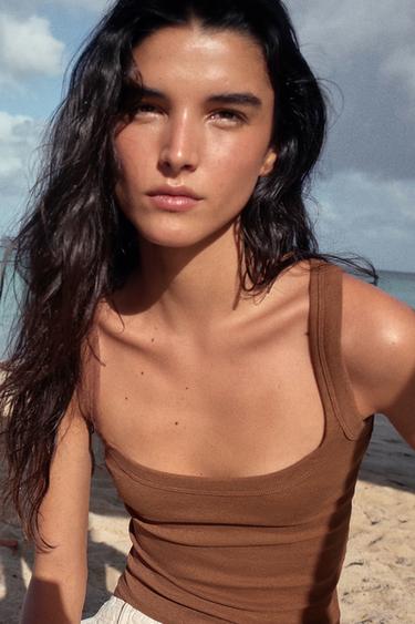 COTTON SLEEVELESS T-SHIRT - Tan marl by Zara