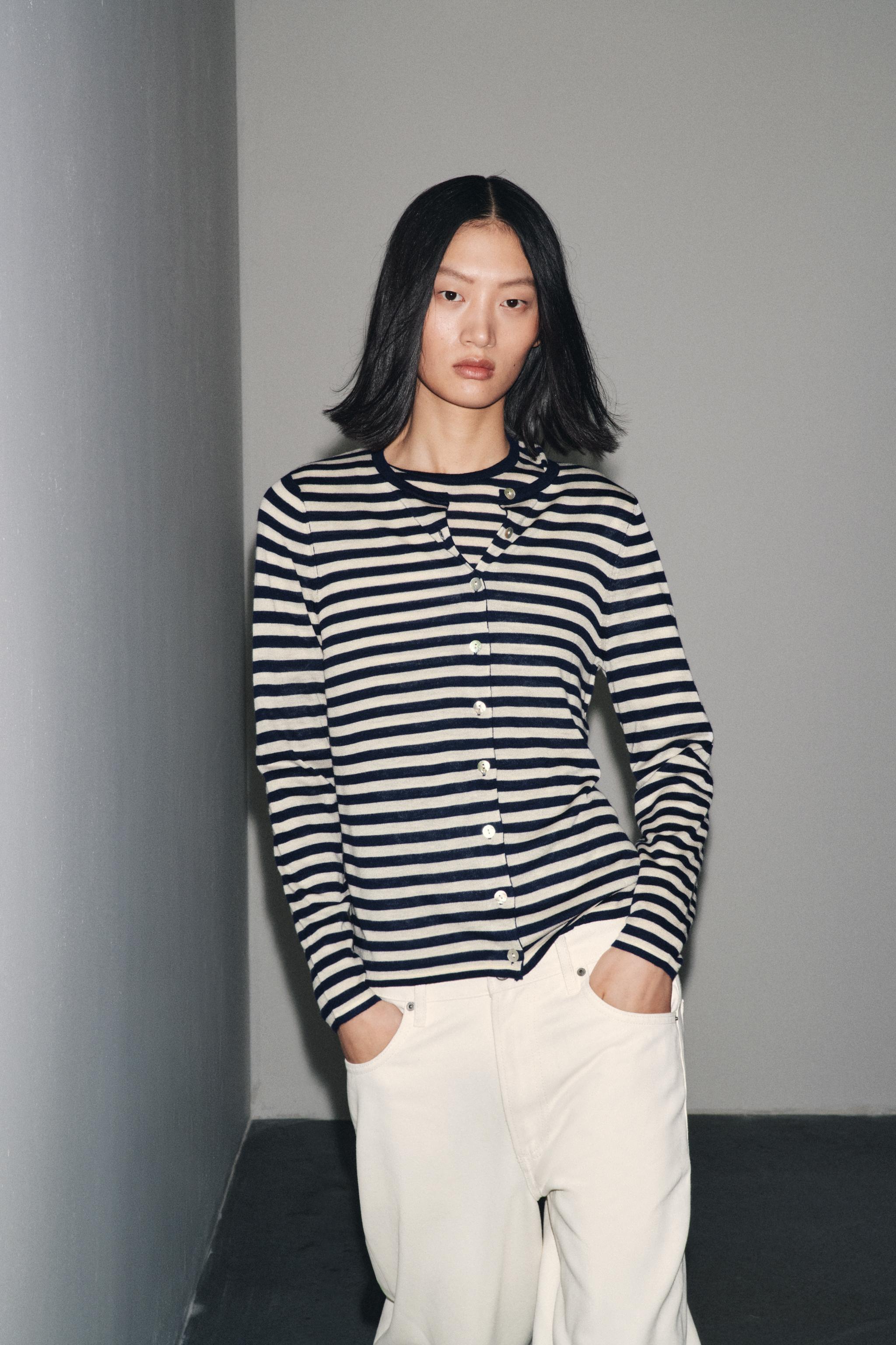 ストライプニットカーディガン - エクリュ/ブルー | ZARA Japan