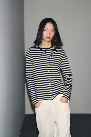 STRIPED KNIT CARDIGAN - Ecru / Blue by Zara - Image 0
