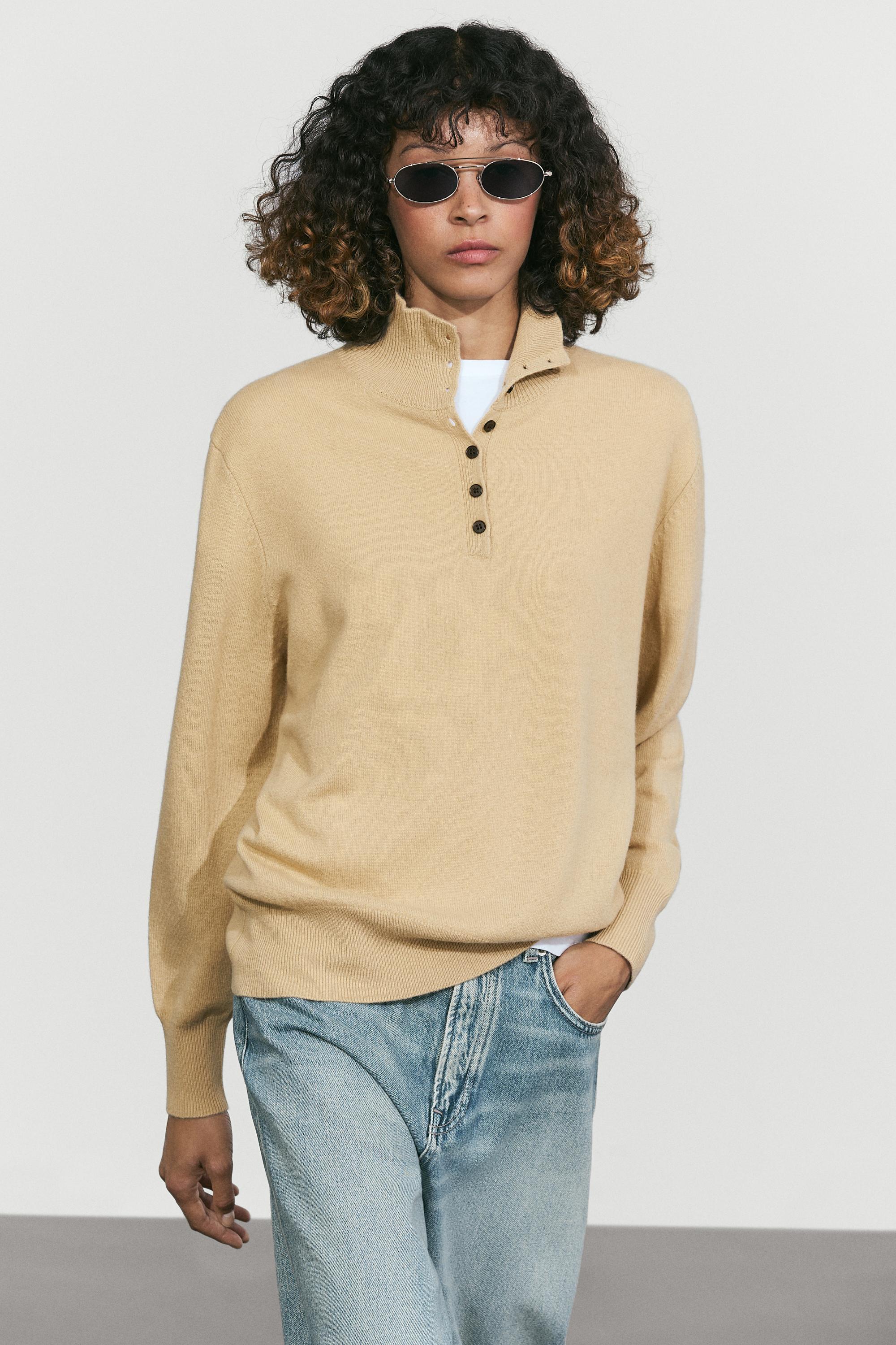 High neck knit sweater with button detail — Dark mink