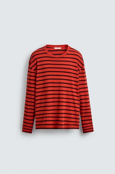 Zara CONTRAST STRIPE T-SHIRT - Red / Black