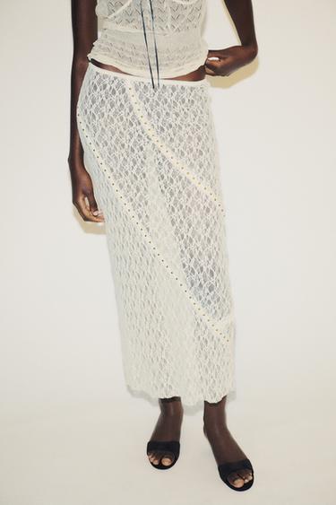 Zara STUDDED LACE MIDI SKIRT - Ecru