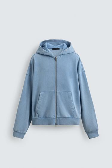 SWEAT DÉLAVÉ ZIPPÉ À CAPUCHE - Bleu clair de Zara