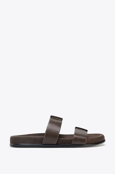 Zara DOUBLE STRAP LEATHER SANDALS - Chocolate Brown