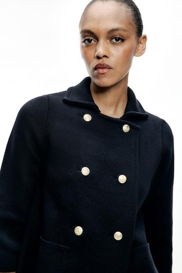 Zara WRAP FRONT KNIT COAT - Navy blue