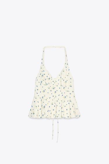 TOP HALTER POPELINE FLEURS - Écru / Bleu de Zara - Image 5