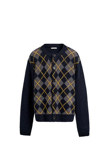 100% WOOL ARGYLE CARDIGAN - Blue by Zara
