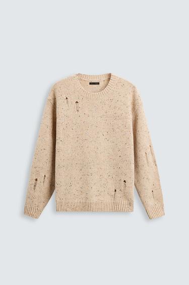 Zara HEATHERED RIPPED EFFECT SWEATER - Sand