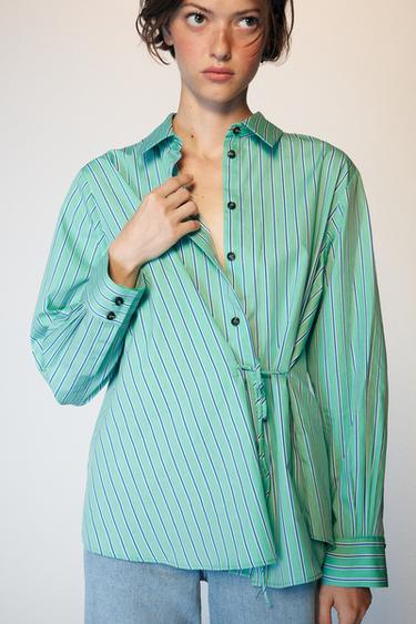 Zara STRIPED WRAP SHIRT - Green / Blue