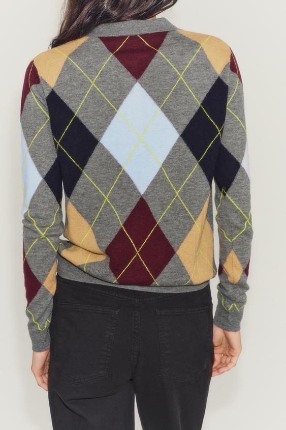 100% WOOL ARGYLE POLO JUMPER - Multicoloured by Zara - Image 2
