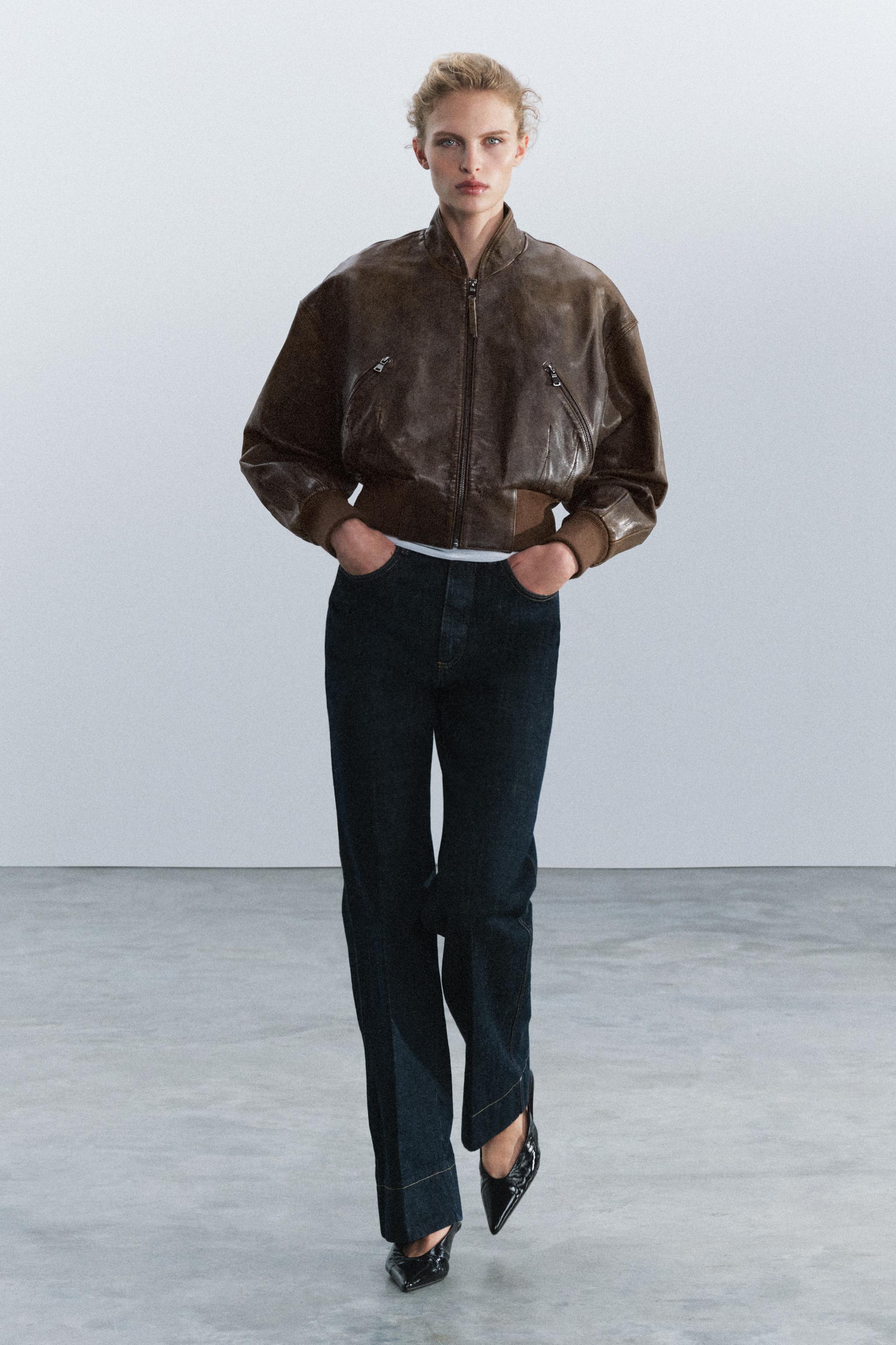 ZW COLLECTION 100% LEATHER CROPPED JACKET - Brown | ZARA United States