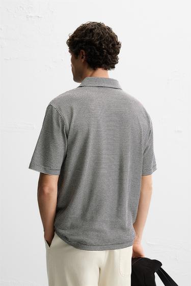 STRIPED LINEN/COTTON POLO SHIRT - Navy / White by Zara - Image 2