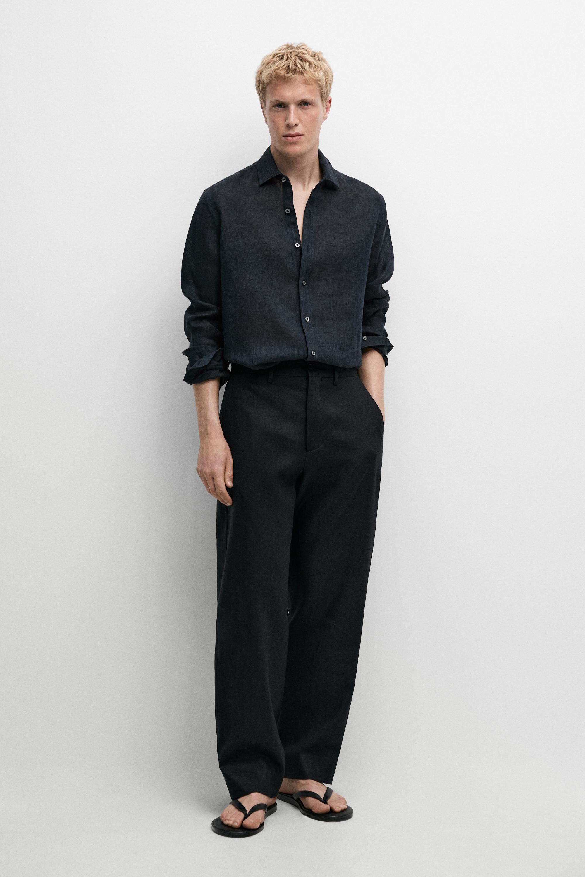 Regular fit 100% linen shirt - Navy blue | ZARA United States