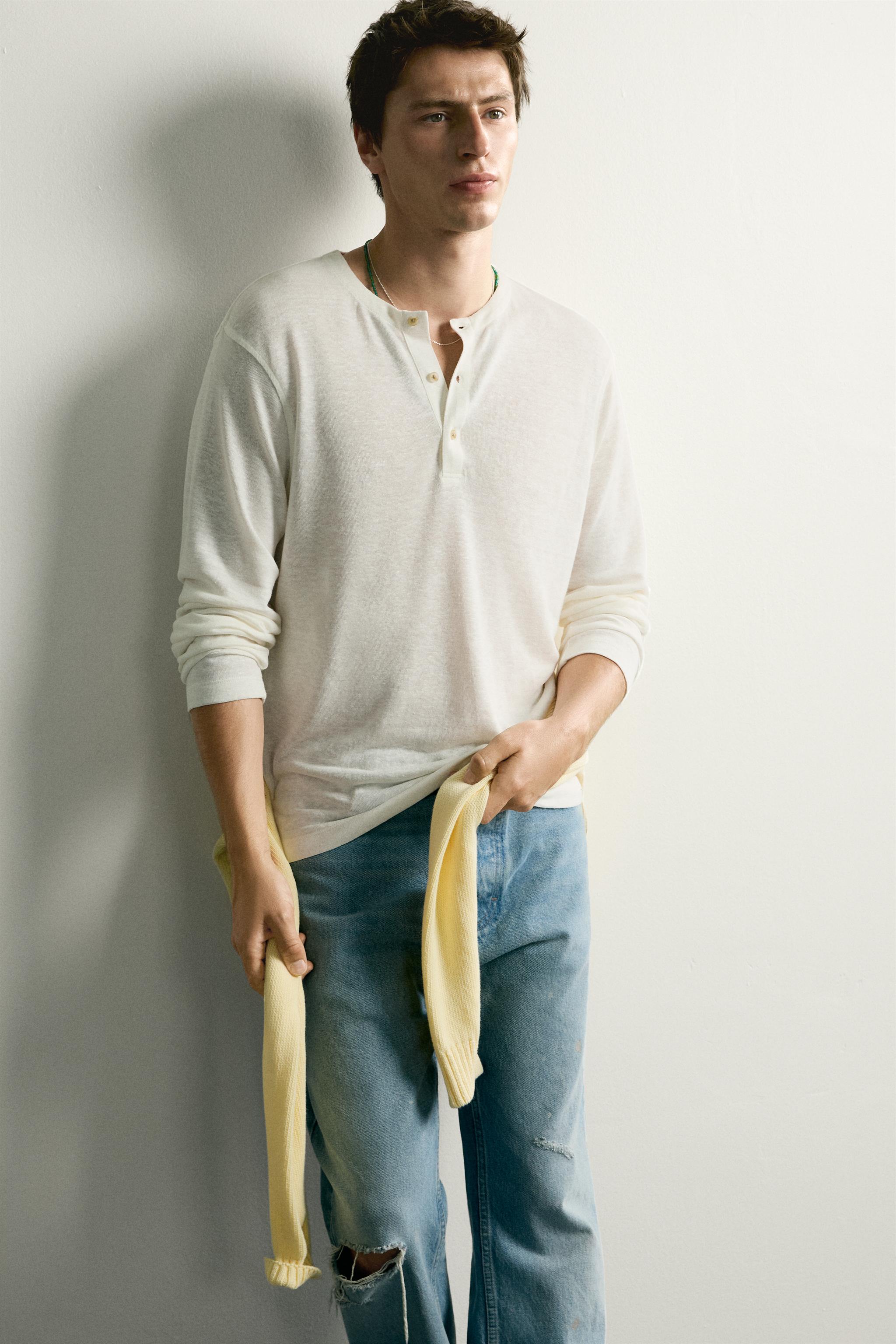 Мужские рубашки Zara HEMP-VISCOSE HENLEY SHIRT — фото 6
