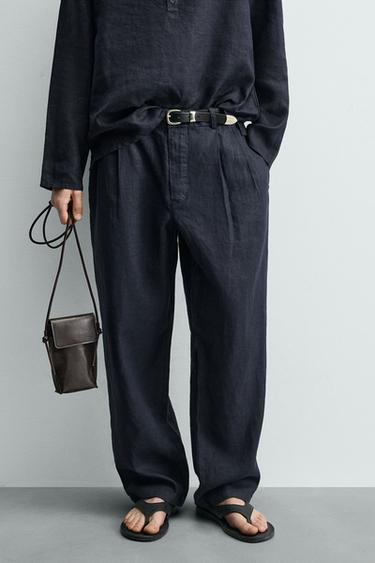 Zara 100% HEMP PLEATED WIDE FIT PANTS - Dark navy