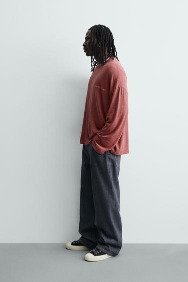 RELAXED FIT COTTON/LINEN TEXT T-SHIRT - Red by Zara - Image 3