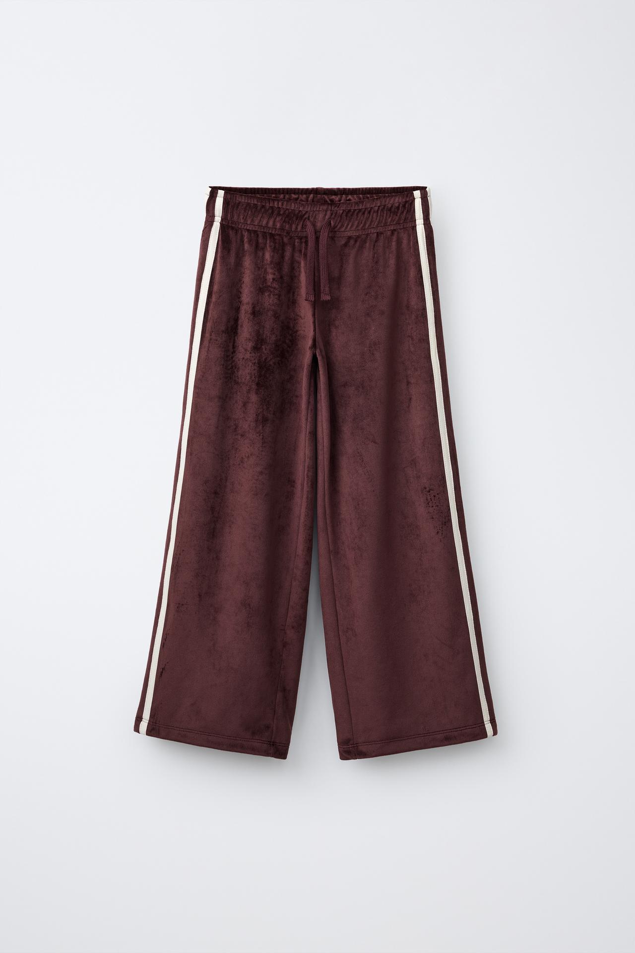 VELVET WIDE-LEG PANTS WITH CONTRAST STRIPES — Brown