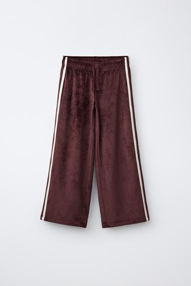 VELVET WIDE-LEG PANTS WITH CONTRAST STRIPES — Brown 1