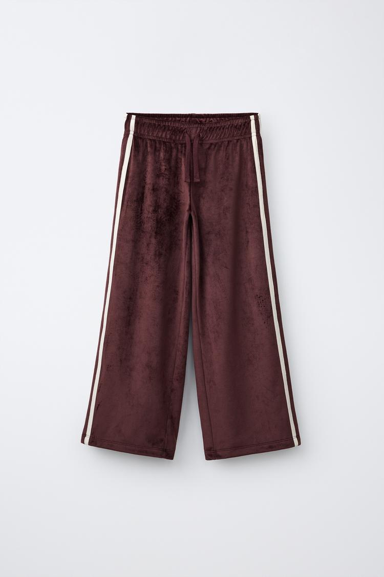 VELVET WIDE-LEG PANTS WITH CONTRAST STRIPES — Brown