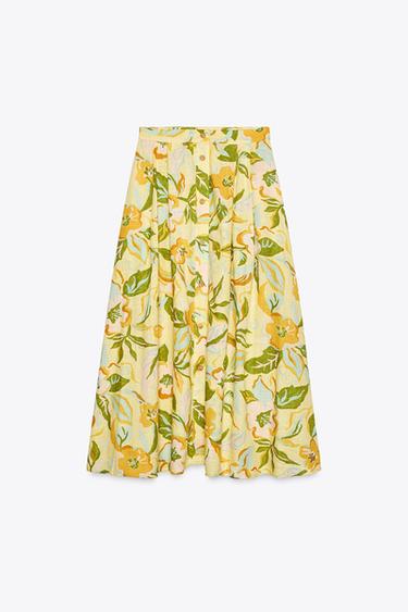 PRINTED LINEN BLEND SKIRT - yellow by Zara