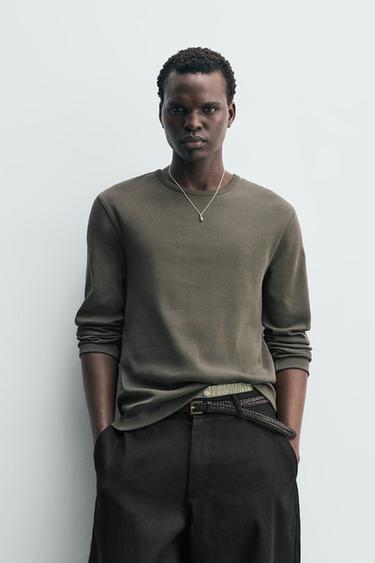 Zara REGULAR FIT TEXTURED T-SHIRT - GREENISH