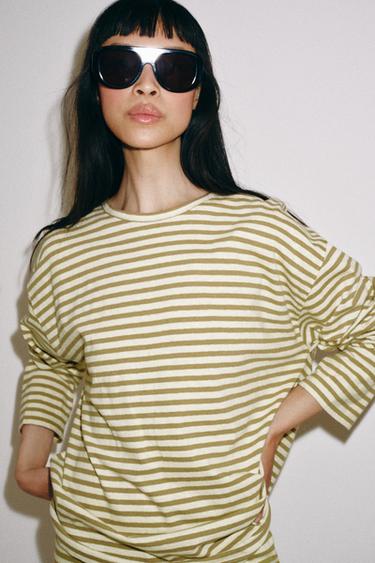 STRIPED COTTON AND LINEN T-SHIRT - Beige by Zara