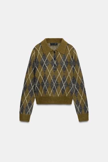 PULL POLO EN MAILLE À LOSANGES - Vert gris de Zara - Image 4