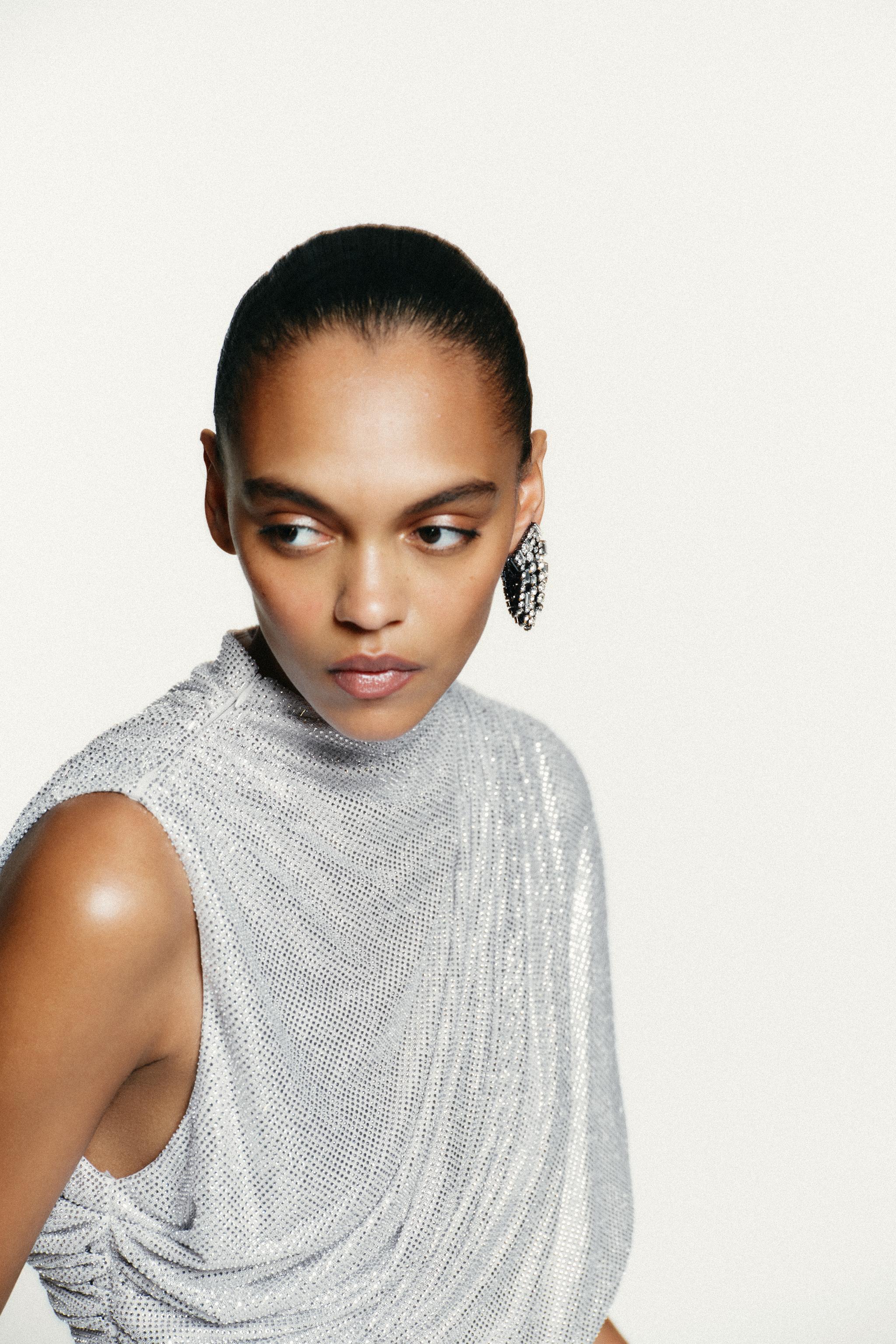 SHORT MESH DRESS WITH RHINESTONE CAPE