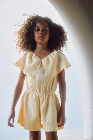Zara 100% LINEN SHORT RUFFLE JUMPSUIT - Light yellow