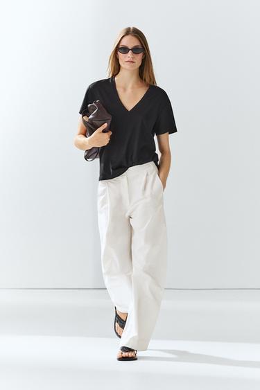 Zara Flowing V-neck T-shirt - Black - Image 0