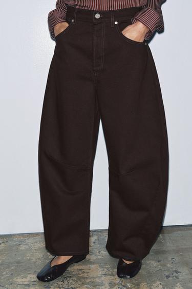 Zara ZW 系列中腰燈籠牛仔褲 - 棕色
