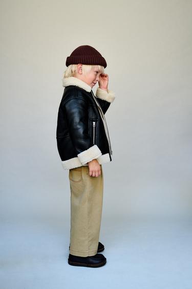 Zara DOUBLE FACED FAUX LEATHER SHEARLING JACKET - Black