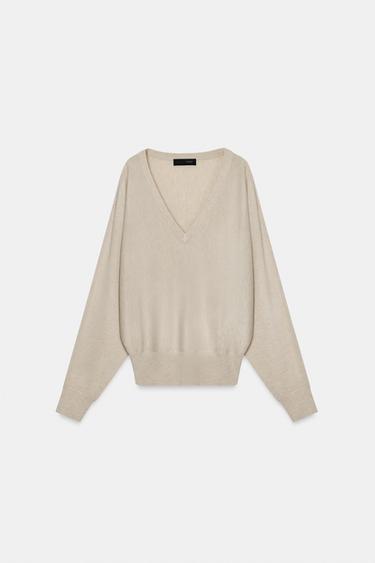 V-NECK WOOL BLEND JUMPER - Sand / Marl by Zara