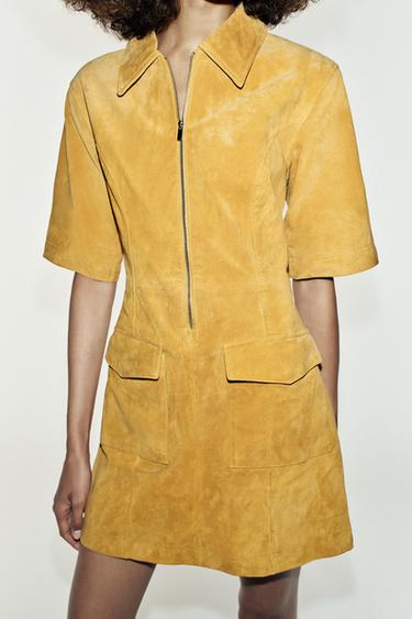 ROBE COURTE 100 % CUIR À FERMETURE ÉCLAIR - Moutarde de Zara - Image 3