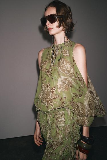 Zara ZW COLLECTION PRINTED TOP - Green