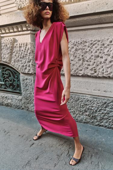 Zara PLEATED MIDI DRESS - Dark fuchsia